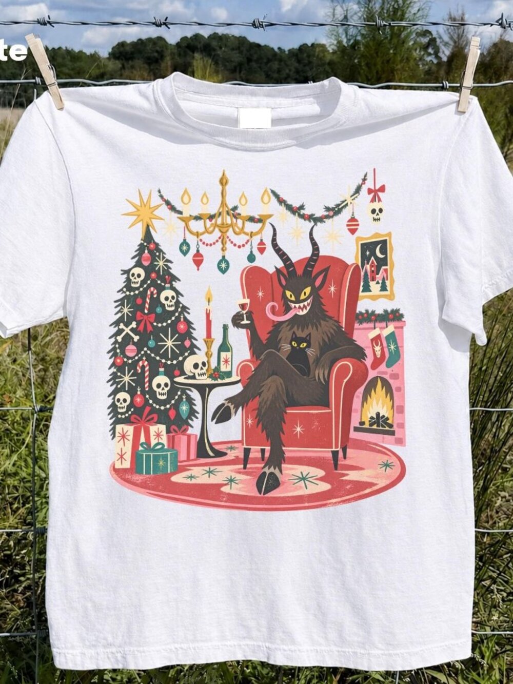 Krampus Christmas 90s Graphic Tee, Retro Gothic Holiday Demon Cat Shirt